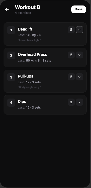 Workout session screen